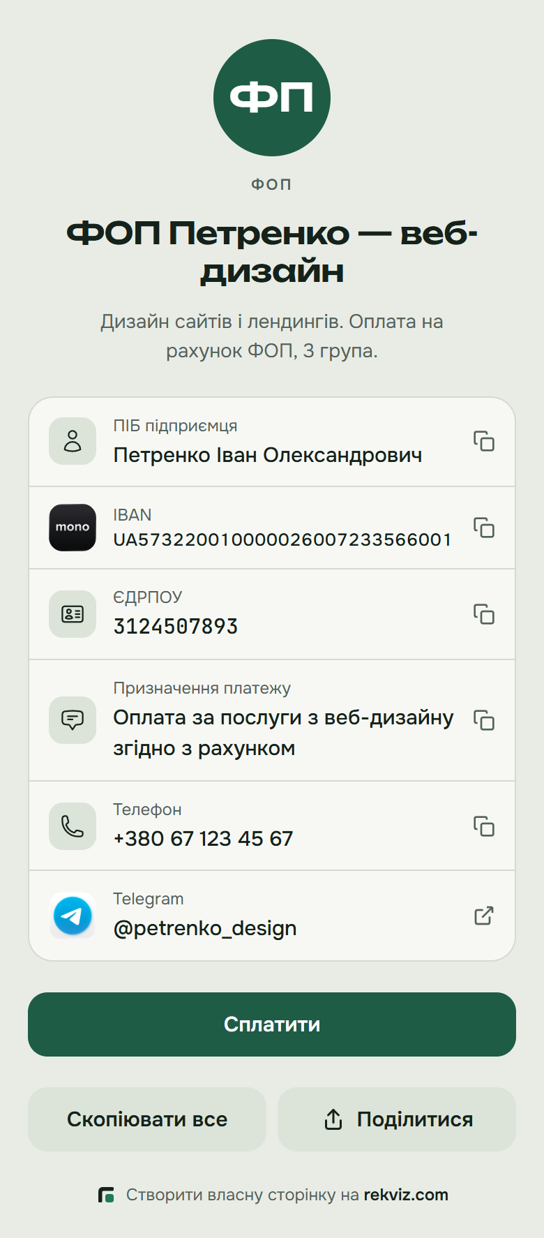 Публічна сторінка реквізитів ФОП на телефоні: IBAN, ІПН, призначення платежу, кнопки «Сплатити» і «Скопіювати все»